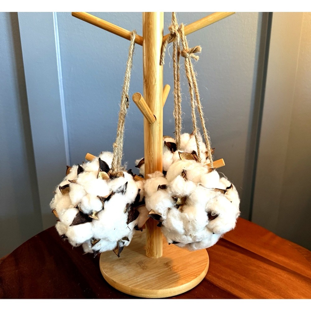 Rustic Cotton Boll Ornaments 4" Set of 3 Farmhouse Fall Bowl Filler Decor Sphere